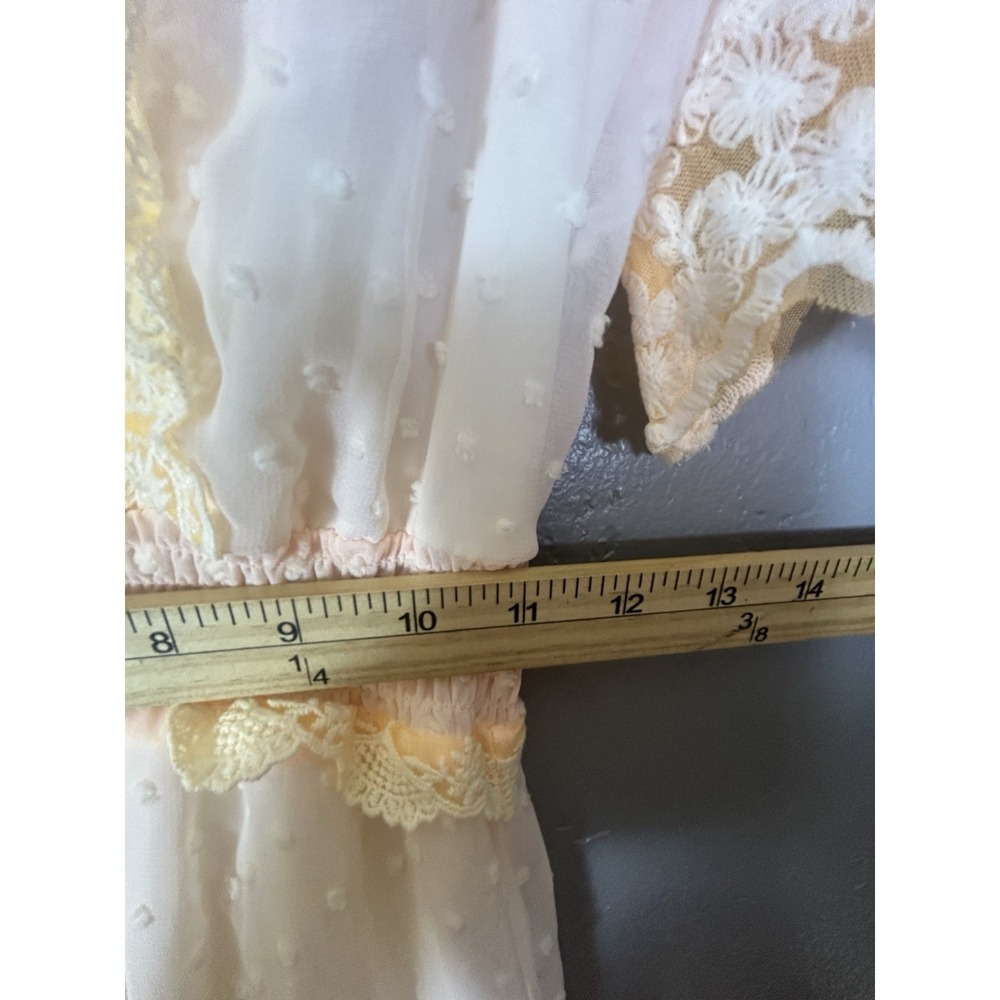 Yellow Pink Maxi Dress Polka Dots Floral Lace Smocked Waist Flutter Sleeve Small - Picture 8 of 10